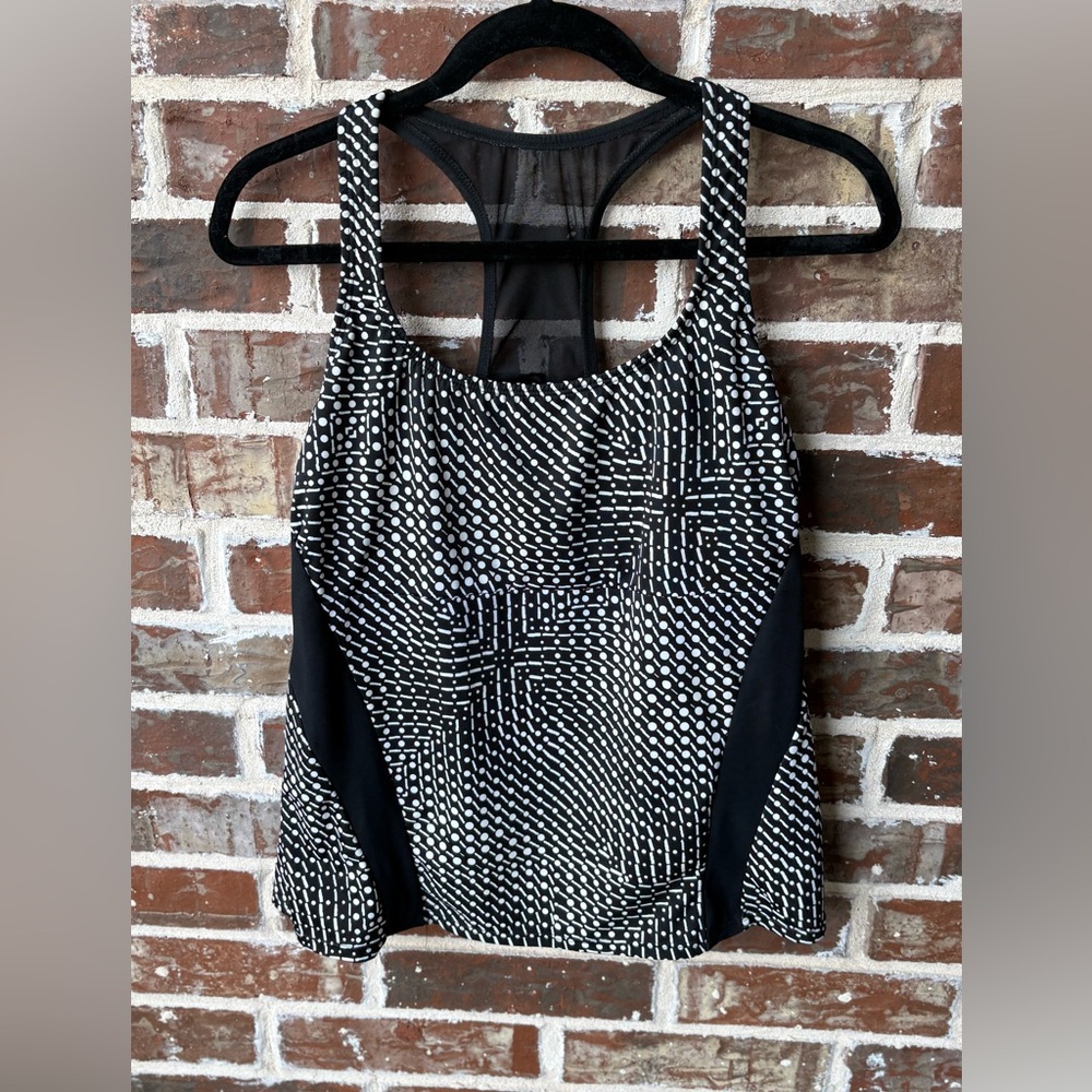 Miraclesuit Black White Abstract Print Racerback Tankin Top Mesh Inserts Size 10